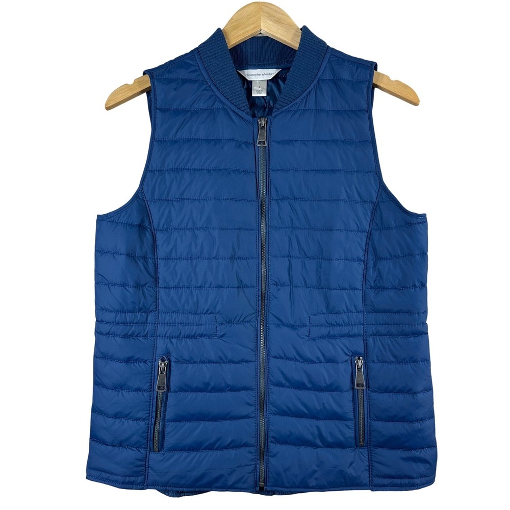Christopher & Banks Womens Blue Quilted Puffer Vest Full Zip Cinch Waist Small